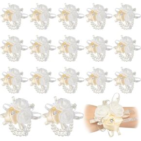 Zeyune 18 Pcs Wrist Corsages for Prom Wedding Artificial Rose Wristlet Corsage Hand Flower for Mother of Bride and Groom, Bridal, Bridesmaid Wedding Supplies(White)