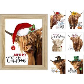 ​​Highland Cow Picture Christmas Decor: Farmhouse Wall Decor Signs with 7 Interchangeable Seasonal Sayings Wall Art,​Rustic Wood Picture Frames 10"x12" Wall Hanging Indoor Xmas Holiday Decor
