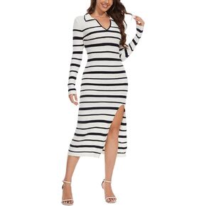 Womens 2024 Knit Striped Polo Dress Casual Long Sleeve V Neck Slit Midi Bodycon Dresses
