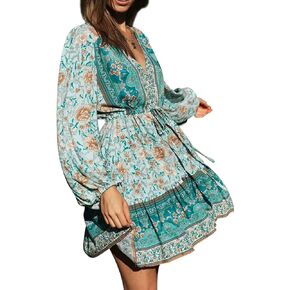R.Vivimos Women's Cotton Long Sleeves V-Neck Button Up Floral Print Bohemian Flowy Mini Dress
