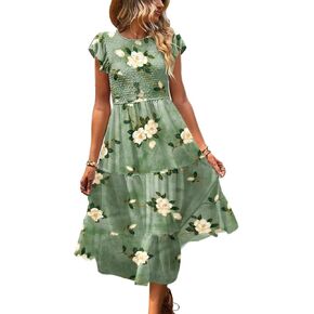 YESNO Women Summer Dresses Ruffle Cap Sleeve Casual Dress Boho Smocked Bodice Floral Dress with Pockets E05