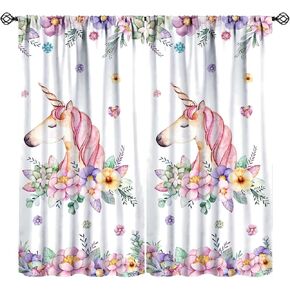 JESTRONRY Unicorn Window Curtains for Girls Room, Unicorn Flower Print Pattern Thermal Drapes Window Treatments for Kids Bedroom 42x63 Inch Decor