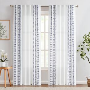 jinchan Boho Curtains White Curtains with Blue Bordered Embroidery 96 Inch Long Living Room Modern Curtains Rod Pocket Light Filtering Drapes Bedroom Dining Room Window Curtain Set 2 Panels