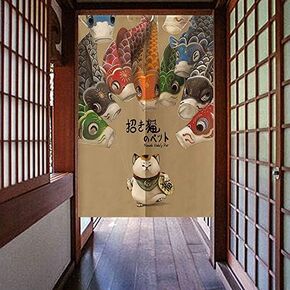MYRU Lucky Cat Noren Koi Fish Japanese Curtain Noren Japanese Curtain Entrance Feng Shui Door Curtain (Cat and Fish,33 by 59 Inch)