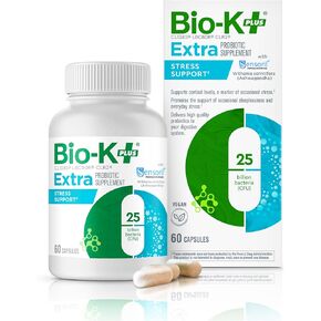 Bio K+ Extra Stress Support with Sensoril – Vegan Probiotic Supplement for Everyday Stress, Relieving Sleeplessness with 25 Billion CFU 3 Strains – 60 Capsules