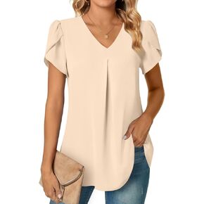 Women's Dressy Chiffon Blouses Petal Short Sleeve Tunic V Neck Casual Tops Summer T-Shirts