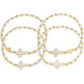 Gold Beaded Pearl Cross Stack Friendship Bracelets Set for Women, 4Pcs Boho Trendy Handmade White Beads Elastic Stretch Stackable Bracelet Prom Jewelry Gift.