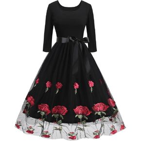 Women's Vintage Floral Dress 3/4 Sleeve Fall Dresses with Belt A-Line Cocktail Wedding Guest Embroidered Tulle Dress