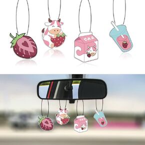 4 Pcs Bubble Tea Strawberry Milk Car Air Fresheners, Strawberry Funny Hanging Car Air Fresheners Cute Car Mirror Scented Hanging Car Decoration Ornaments Gift Car Interior Decor Accessories for Men Women