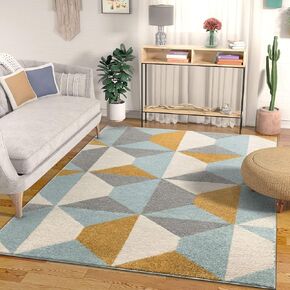 Yara Scandanavian Abstract Geometric Blue & Gold Yellow Area Rug 3X5 (3'11" X 5'3")