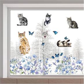 GORGECRAFT 46x15/116x38cm Cat Window Clings Double Sided Butterfly Window Decals Spring Flower Window Stickers Non Adhesive Static Vinyl Film for Glass Sliding Door Prevent Bird Strike