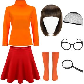 Velma Costume Adult, Halloween Deluxe Adult Cosplay Costume for Women, Classic Skirt Outfit Set