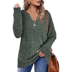 بلايز نسائية موضة خريف 2023 سويت شيرت للنساء سترات قمصان طويلة الأكمام رقبة على شكل حرف V ملابس للسيدات بلوزات كاجوال أنيقة تونيك عصري أخضر X-Large in Kuwait