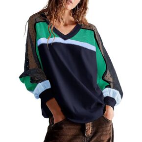 Tankaneo Womens Oversized Striped Sweatshirts Color Block V Neck Tunic Tops Fall Long Sleeve Pullover