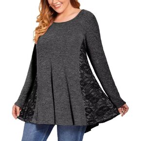 MONNURO Womens Plus Size Tops Long Sleeve Fall Tunic Casual Loose Lace Patchwork Shirts(C-HeatherBlack,1X)