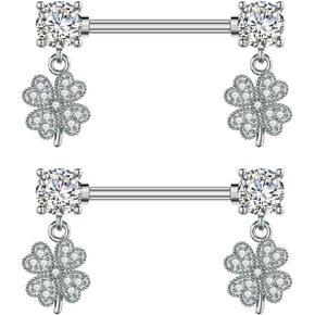Kokoma 14G Four Leaf Clover Nipple Rings for Women Cubic Zirconia Green Leaf Lucky Clover Nipple Straight Barbells Shamrock Nipplerings Tongue Rings Body Piercing Jewelry