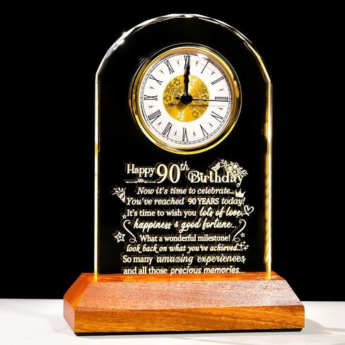 Ornalrist Happy 90th Birthday Quartz Clock Gifts for Men Women, 90 Years Old Birthday Present for Parents, 90th Birthday Gift for Couple Grandparents, Quartz Clock with Wooden LED Light Base in Kuwait
