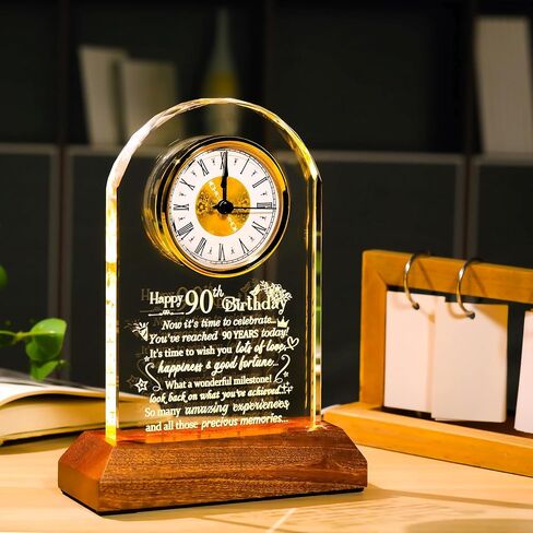 Ornalrist Happy 90th Birthday Quartz Clock Gifts for Men Women, 90 Years Old Birthday Present for Parents, 90th Birthday Gift for Couple Grandparents, Quartz Clock with Wooden LED Light Base in Kuwait