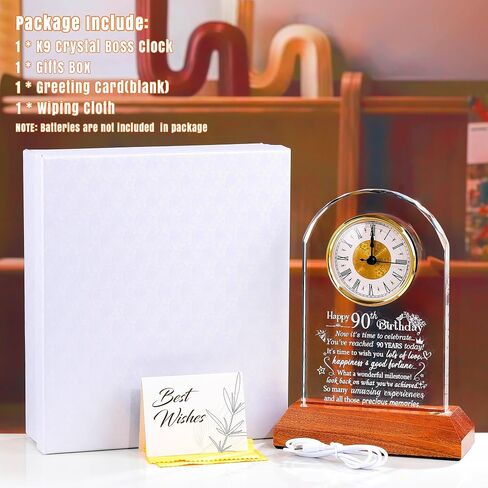 Ornalrist Happy 90th Birthday Quartz Clock Gifts for Men Women, 90 Years Old Birthday Present for Parents, 90th Birthday Gift for Couple Grandparents, Quartz Clock with Wooden LED Light Base in Kuwait
