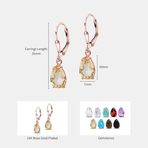 14K Rose Gold Plated Black Opal Leverback Earrings - Drop Earrings for Women - October Birthstone, Handmade 7x10 mm Teardrop Gemstone Vintage Jewelry - Trendy and Classic Elegant Gift for Women in Kuwait