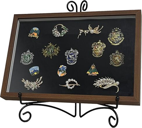 Shadow Box Pin Display Case with Tabletop Display Stand for Medal & Jewelry Pin Collection, Wall Mounted or Desktop Display Box with Sliding Acrylic Door, 12.6 x 8.7 x 1.26 inches, Brown Wood Frame in Saudi Arabia