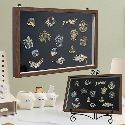 Shadow Box Pin Display Case with Tabletop Display Stand for Medal & Jewelry Pin Collection, Wall Mounted or Desktop Display Box with Sliding Acrylic Door, 12.6 x 8.7 x 1.26 inches, Brown Wood Frame in Saudi Arabia