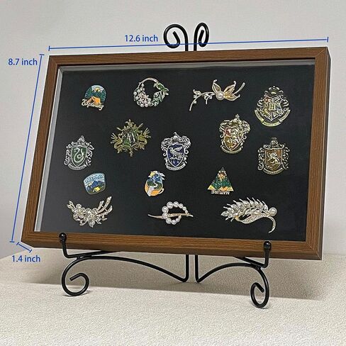 Shadow Box Pin Display Case with Tabletop Display Stand for Medal & Jewelry Pin Collection, Wall Mounted or Desktop Display Box with Sliding Acrylic Door, 12.6 x 8.7 x 1.26 inches, Brown Wood Frame in Saudi Arabia