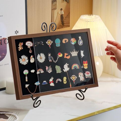 Shadow Box Pin Display Case with Tabletop Display Stand for Medal & Jewelry Pin Collection, Wall Mounted or Desktop Display Box with Sliding Acrylic Door, 12.6 x 8.7 x 1.26 inches, Brown Wood Frame in Saudi Arabia