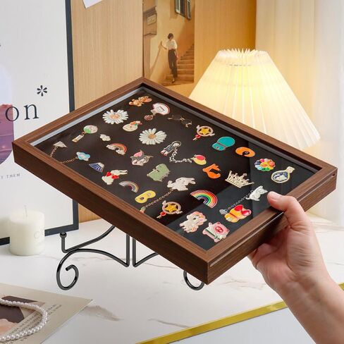 Shadow Box Pin Display Case with Tabletop Display Stand for Medal & Jewelry Pin Collection, Wall Mounted or Desktop Display Box with Sliding Acrylic Door, 12.6 x 8.7 x 1.26 inches, Brown Wood Frame in Saudi Arabia