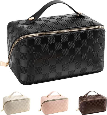 Large Capacity Makeup Bag, Travel Cosmetic Bag, PU Leather Makeup Pouches for Women, Waterproof Portable Large Wide-open Pouch with Divider and Handle for Travel Makeup Bag (black) in Saudi Arabia