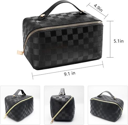 Large Capacity Makeup Bag, Travel Cosmetic Bag, PU Leather Makeup Pouches for Women, Waterproof Portable Large Wide-open Pouch with Divider and Handle for Travel Makeup Bag (black) in Saudi Arabia