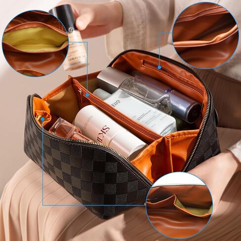 Large Capacity Makeup Bag, Travel Cosmetic Bag, PU Leather Makeup Pouches for Women, Waterproof Portable Large Wide-open Pouch with Divider and Handle for Travel Makeup Bag (black) in Saudi Arabia