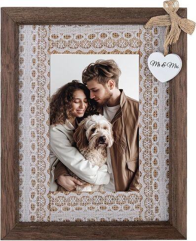 Picture Frame Wedding Photo Frames: Mr&Mrs Heart Pendant - 4x6 Frame with Lace Mat - Gift for Couples Brown in Saudi Arabia