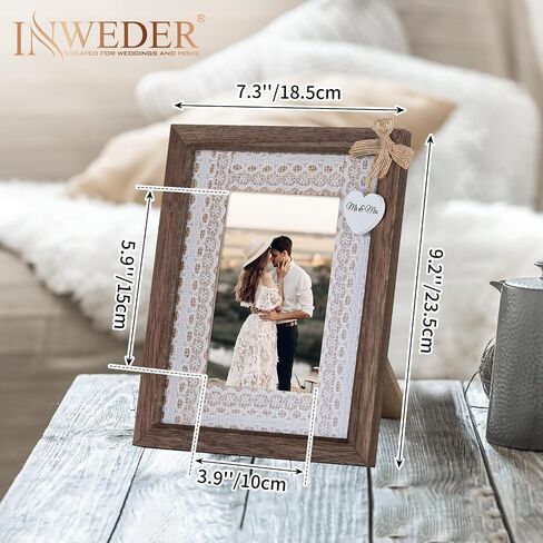 Picture Frame Wedding Photo Frames: Mr&Mrs Heart Pendant - 4x6 Frame with Lace Mat - Gift for Couples Brown in Saudi Arabia