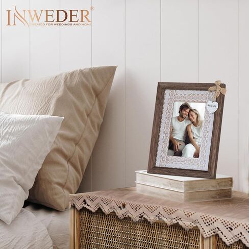 Picture Frame Wedding Photo Frames: Mr&Mrs Heart Pendant - 4x6 Frame with Lace Mat - Gift for Couples Brown in Saudi Arabia