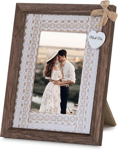 Picture Frame Wedding Photo Frames: Mr&Mrs Heart Pendant - 4x6 Frame with Lace Mat - Gift for Couples Brown in Saudi Arabia