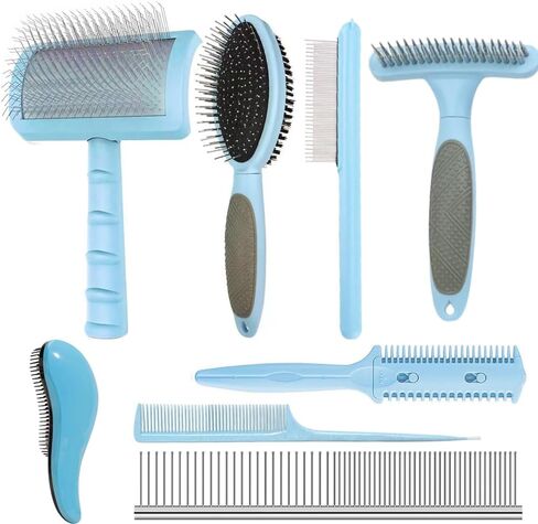 8 In 1 Cat Grooming Brushes for Short Hair, Cat Steam Brush, Bristle Shedding Brush, Flea Comb, Pet Grooming Glove, Dog Self Cleaning Brush for Short Haired Dogs Cats (short hair brush-blue) in Saudi Arabia