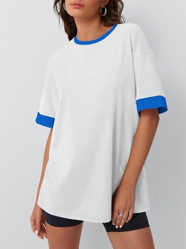 Trendy Queen Oversized Tshirts for Women Plus Size Summer Tops 2025 Workout Short Sleeve Shirts Color Block Tees in Saudi Arabia