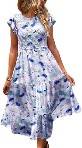 YESNO Women Summer Dresses Ruffle Cap Sleeve Casual Dress Boho Smocked Bodice Floral Dress with Pockets E05 in Saudi Arabia