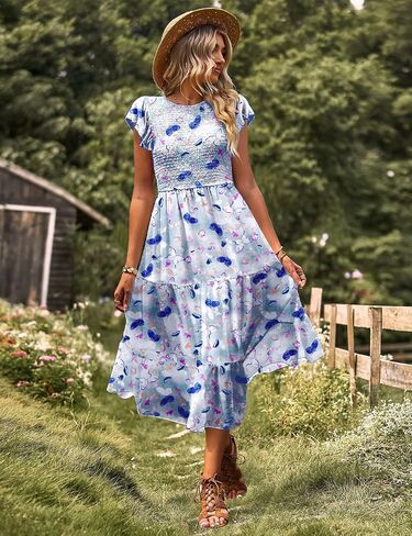 YESNO Women Summer Dresses Ruffle Cap Sleeve Casual Dress Boho Smocked Bodice Floral Dress with Pockets E05 in Saudi Arabia
