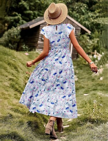 YESNO Women Summer Dresses Ruffle Cap Sleeve Casual Dress Boho Smocked Bodice Floral Dress with Pockets E05 in Saudi Arabia