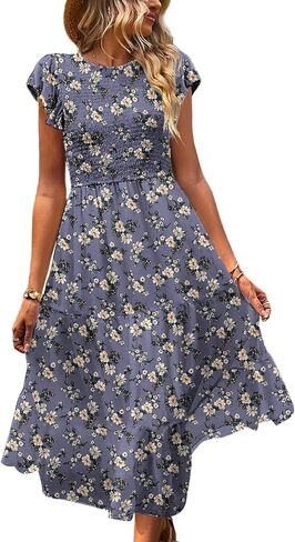 YESNO Women Summer Dresses Ruffle Cap Sleeve Casual Dress Boho Smocked Bodice Floral Dress with Pockets E05 in Saudi Arabia