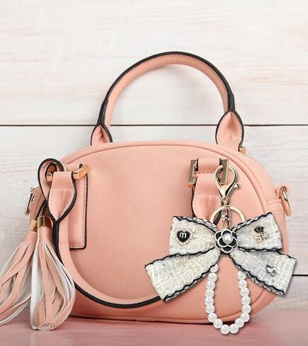 Cute Bling Camellia Flower Keychain with Bow Charms for Women's Handbags - camellia flower bag charms in Saudi Arabia