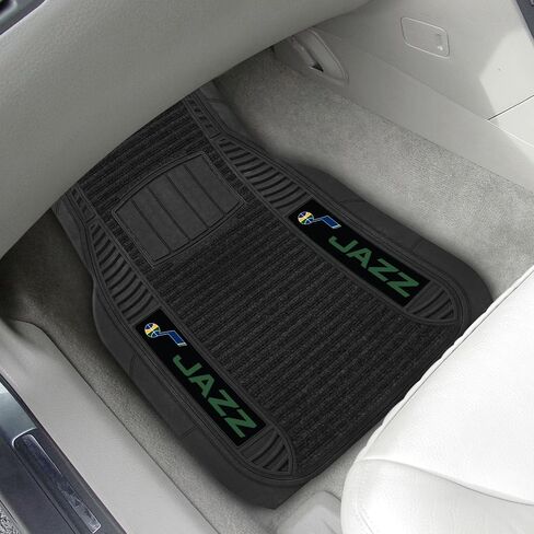 FANMATS 13849 Utah Jazz 2-Piece Deluxe Car Mat Set, Vinyl Trim and Colored Team Logo, Dual Rib Charcoal Carpet, Trimmable Edges in Saudi Arabia
