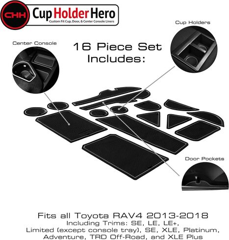 CupHolderHero يناسب ملحقات Toyota RAV4 2013-2018، حشوات حامل أكواب داخلية مضادة للانزلاق ومضادة للغبار، سجادات بطانة وحدة التحكم المركزية، وبطانات جيب الباب، مجموعة 16 قطعة (زخرفة رمادية) in Kuwait