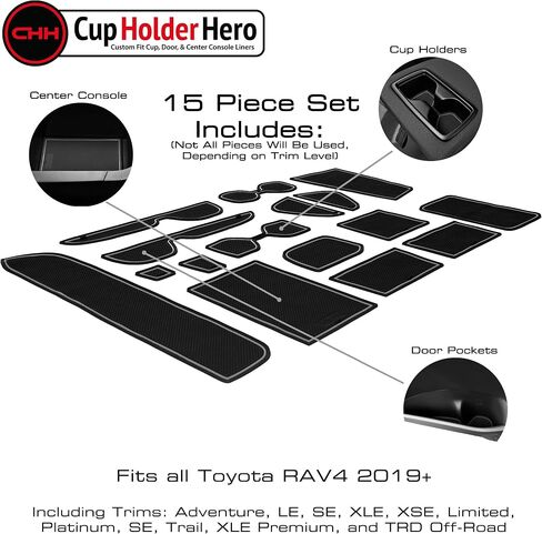 CupHolderHero يناسب ملحقات Toyota RAV4 2013-2018، حشوات حامل أكواب داخلية مضادة للانزلاق ومضادة للغبار، سجادات بطانة وحدة التحكم المركزية، وبطانات جيب الباب، مجموعة 16 قطعة (زخرفة رمادية) in Kuwait