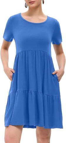 Women's Summer Casual Dress Short Sleeve Crewneck T Shirt Sundress Mini Beach Vacation Dresses with Pockets in Saudi Arabia