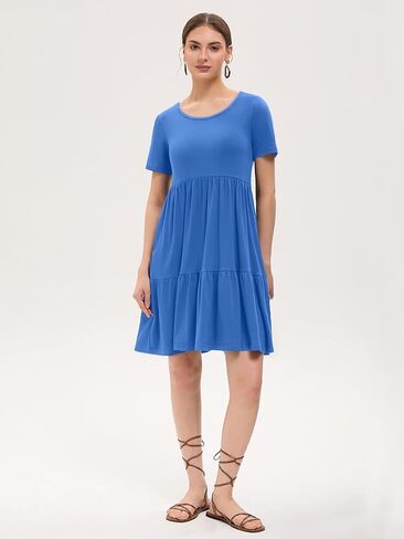 Women's Summer Casual Dress Short Sleeve Crewneck T Shirt Sundress Mini Beach Vacation Dresses with Pockets in Saudi Arabia