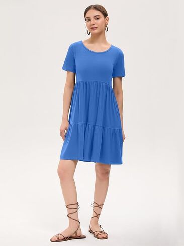 Women's Summer Casual Dress Short Sleeve Crewneck T Shirt Sundress Mini Beach Vacation Dresses with Pockets in Saudi Arabia