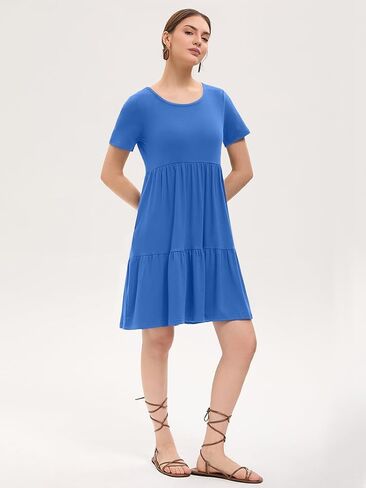 Women's Summer Casual Dress Short Sleeve Crewneck T Shirt Sundress Mini Beach Vacation Dresses with Pockets in Saudi Arabia